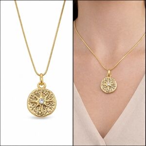 Gold Tone Starburst Medallion Celestial Necklace 18K Gold Plated Snake Chain